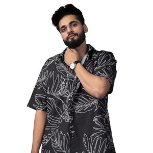 BROWN CULTURE Men's Cotton Blend Printed Shirt with Spread Collared Neck Half Sleeves Straight Hem Length and Oversized Fit | Man Shirts for Men